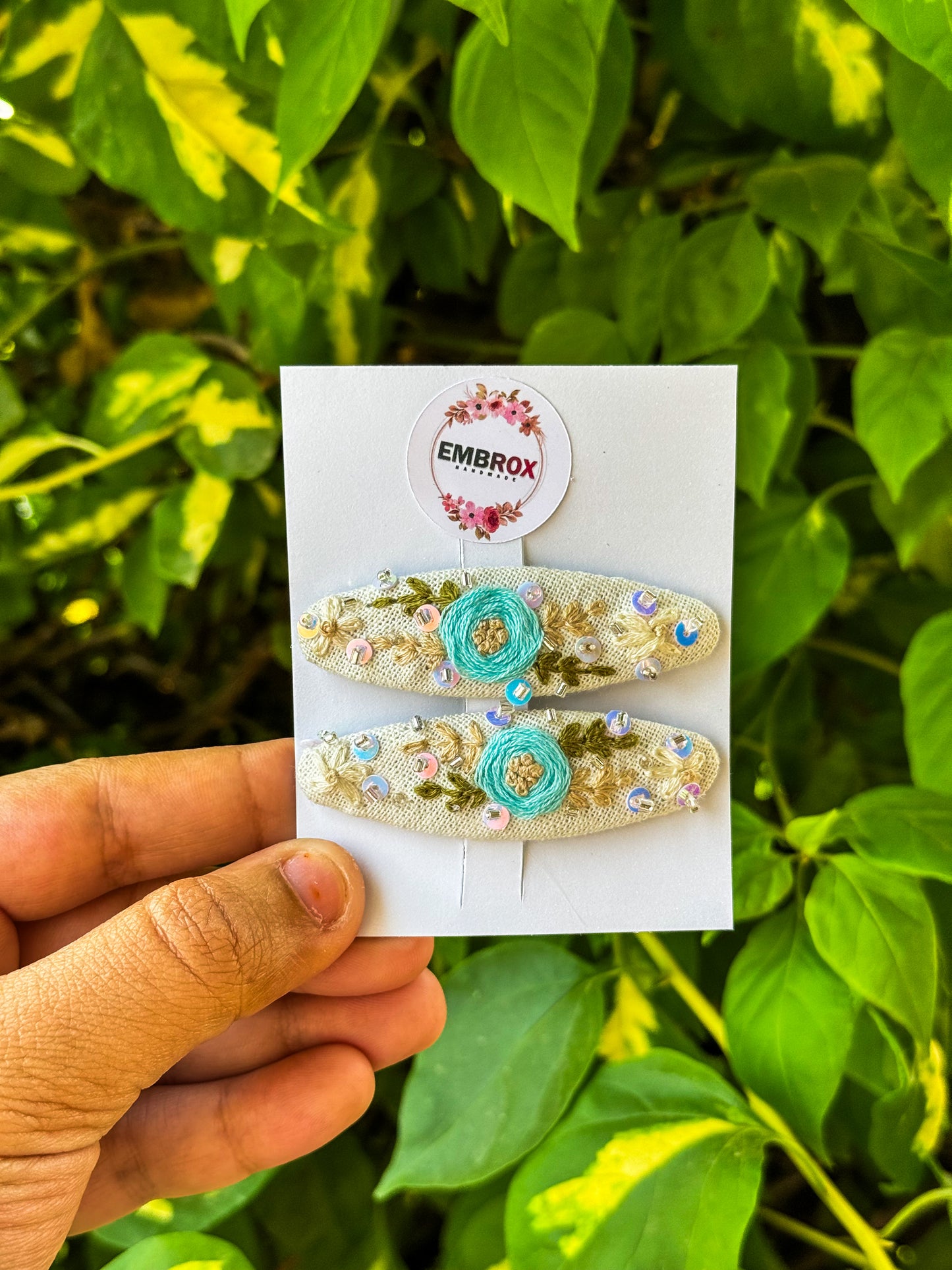 The Jasmine & Aqua Embroidered hair pins