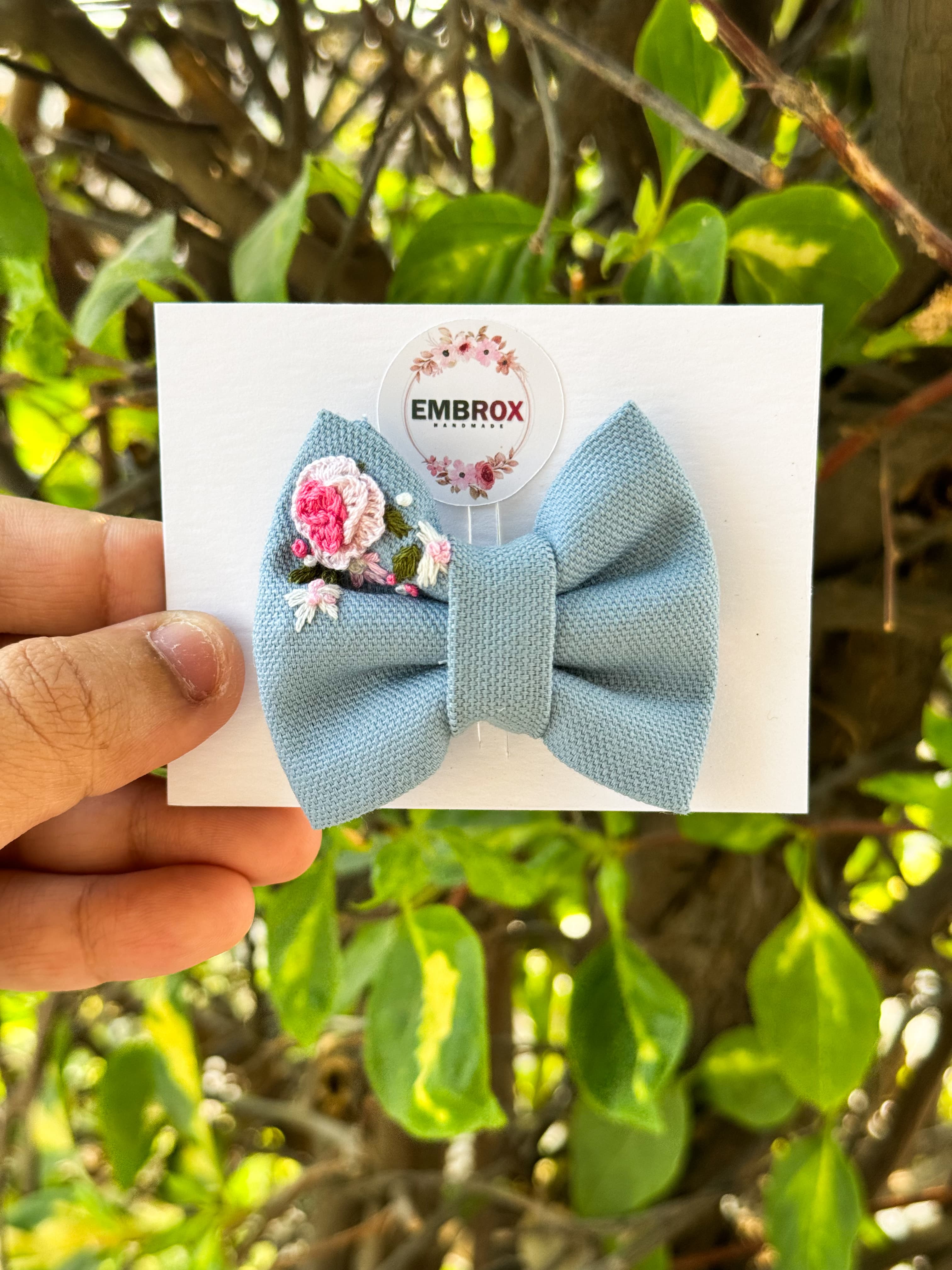 The "Morning Mist" Hand-Embroidered mini Hair Bow
