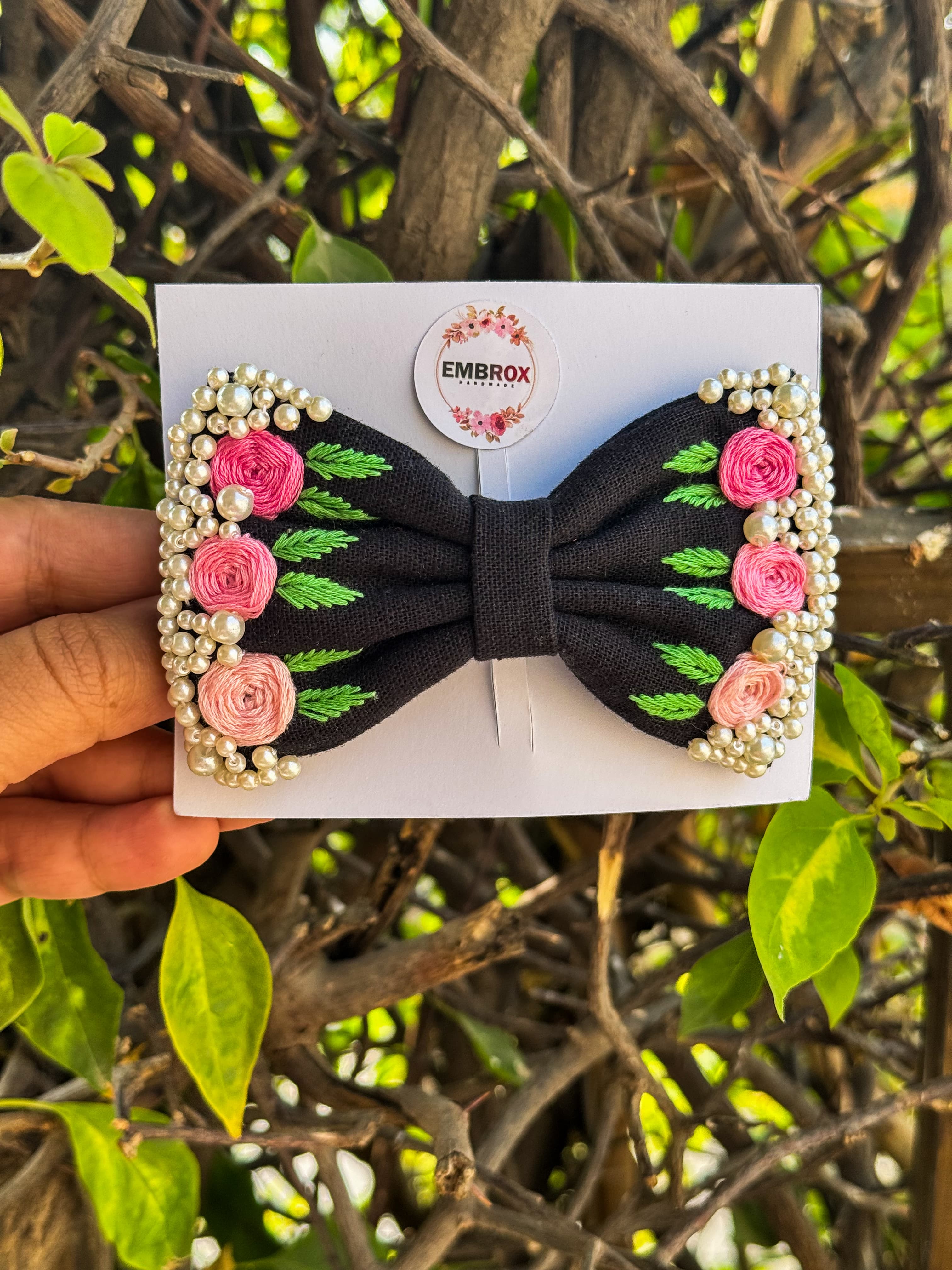 Midnight Rose Embroidered hair bow clip