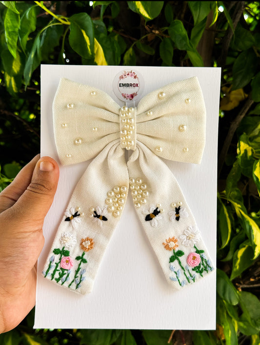 Meadow Bee" Hand-Embroidered Floral Bow with Pearls