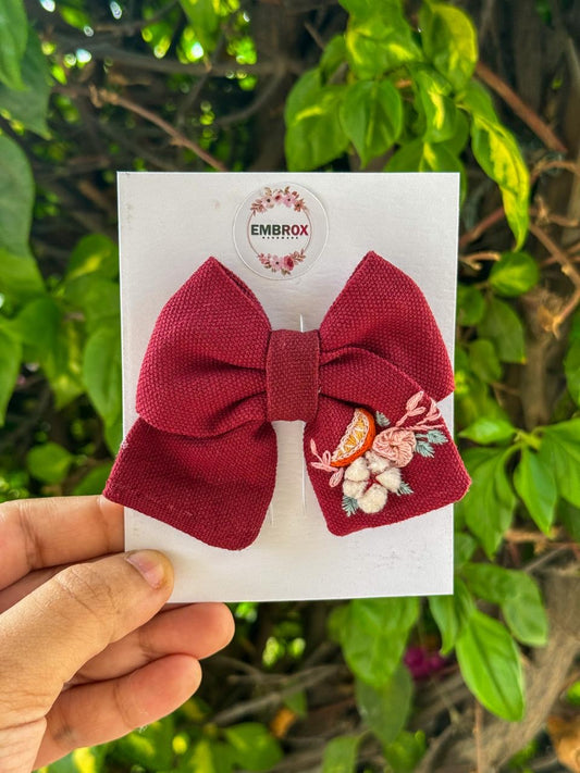“Cranberry Citrus Bloom – Mini Embroidered Bow”