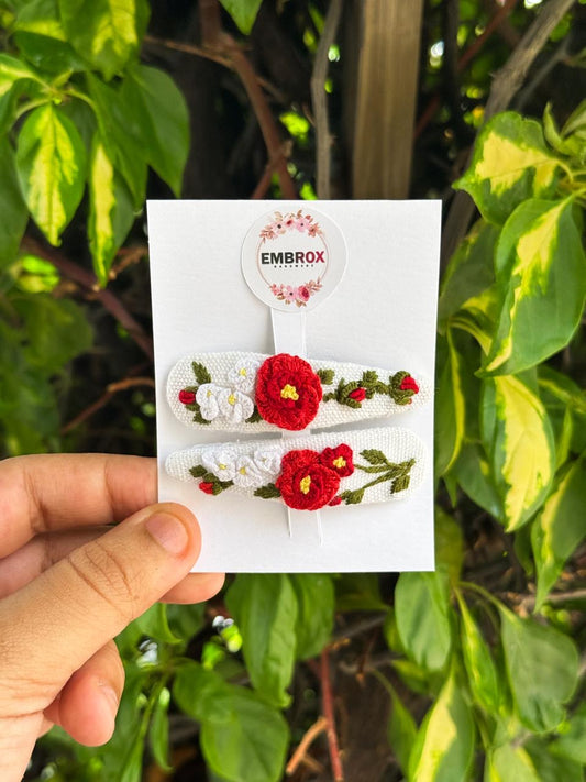 Scarlet Bloom Embroidered Hair Pins