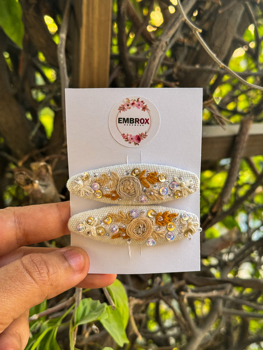 Hand-Embroidered Zardozi Floral Pearl Hair Clips