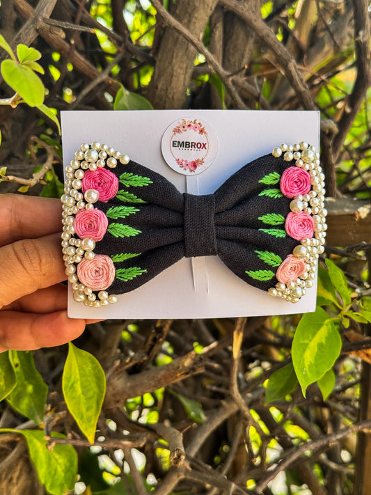 Midnight Rose Embroidered hair bow clip