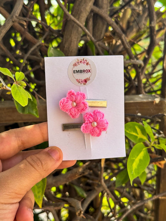 Handmade Petal Bloom Crochet Hair Clips - Sweet Pink with Pearl Center